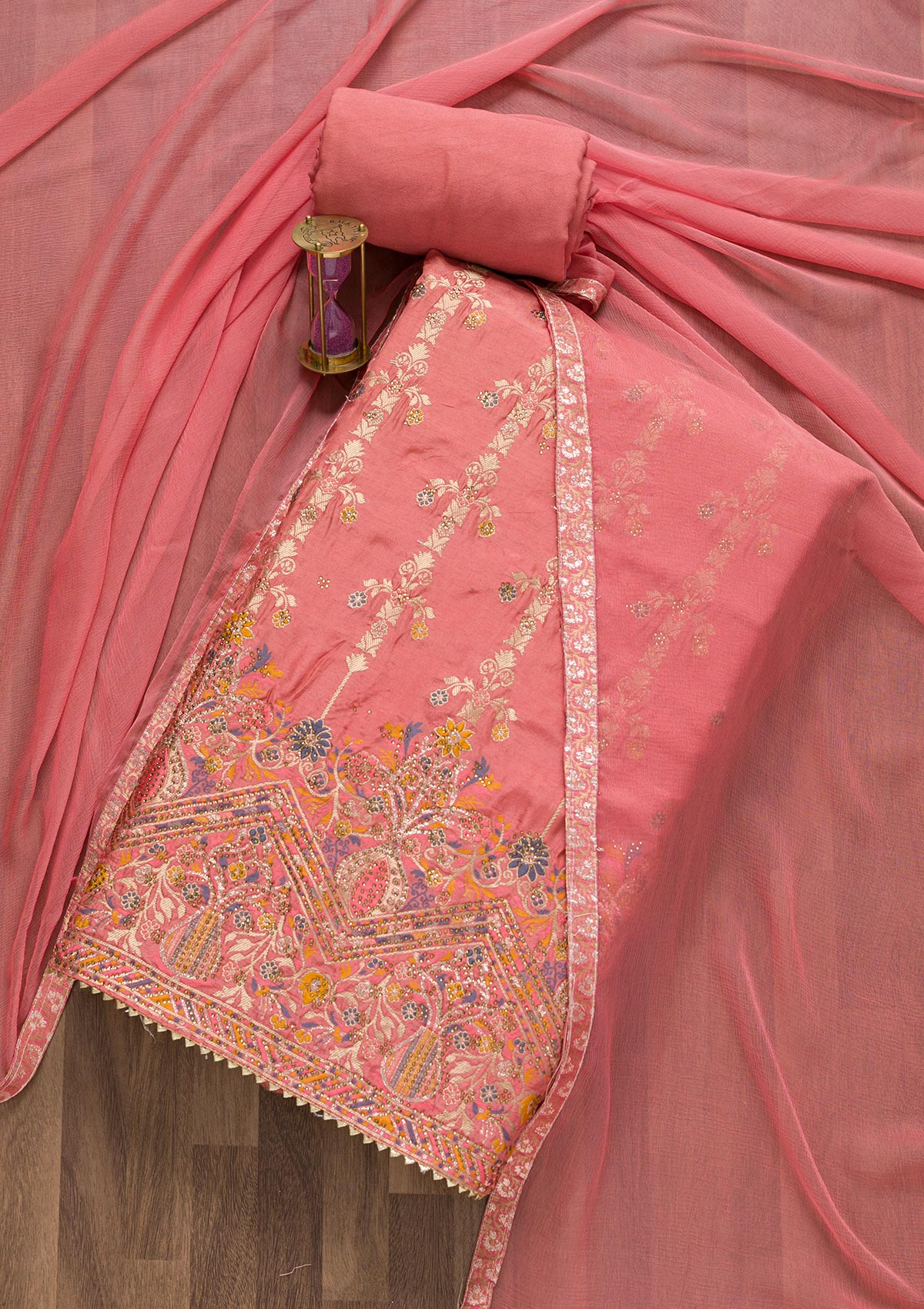 Onion Pink Soft Silk Zariwork Unstitched Salwar Suit-Koskii