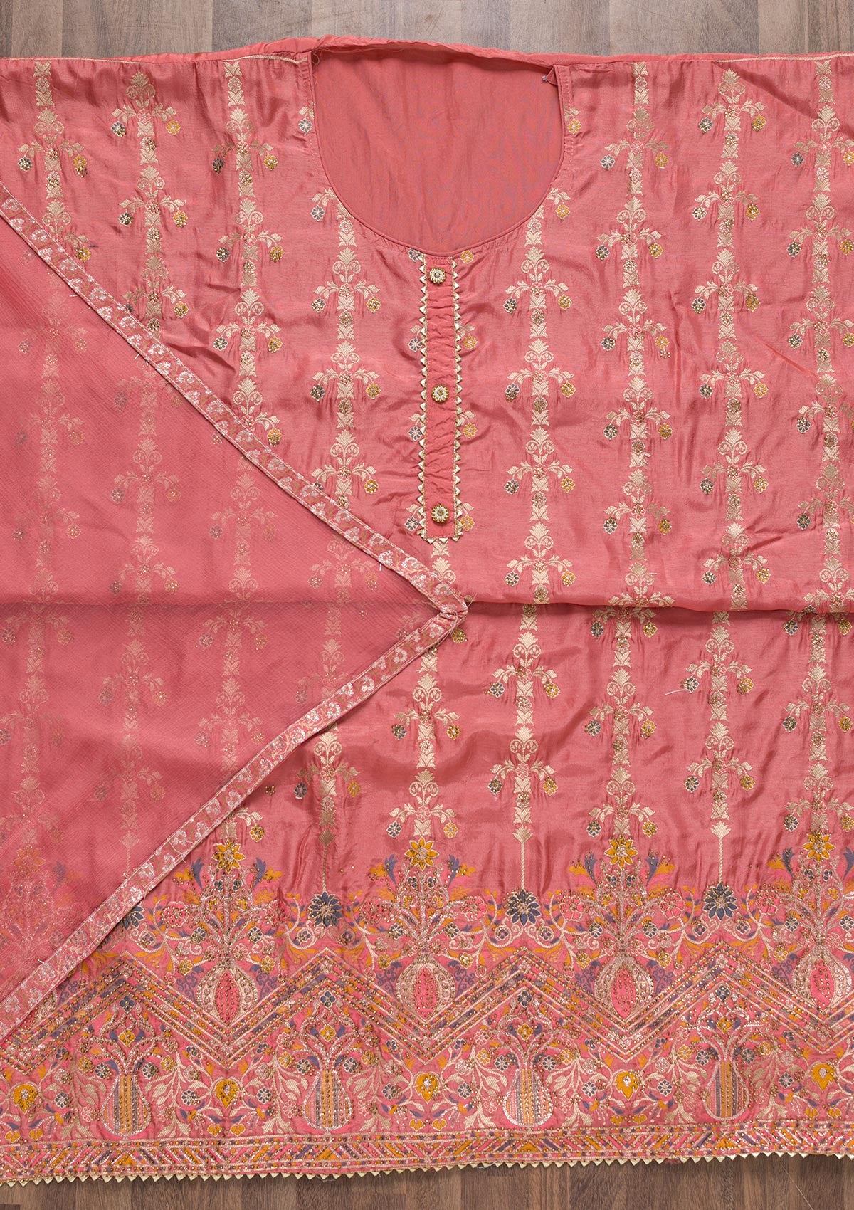 Onion Pink Soft Silk Zariwork Unstitched Salwar Suit-Koskii