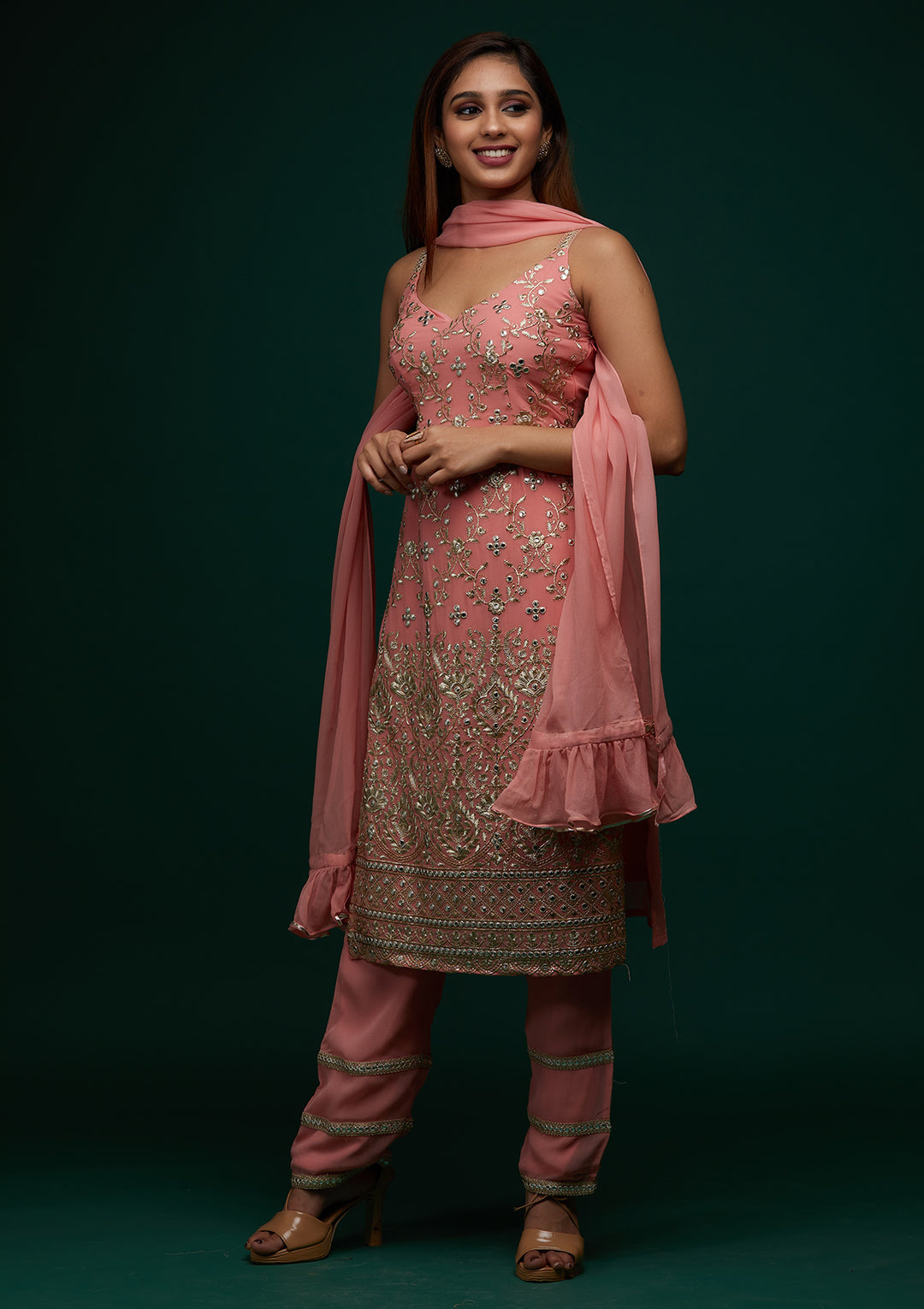 Onion Pink Zariwork Georgette Designer Salwar Suit - Koskii