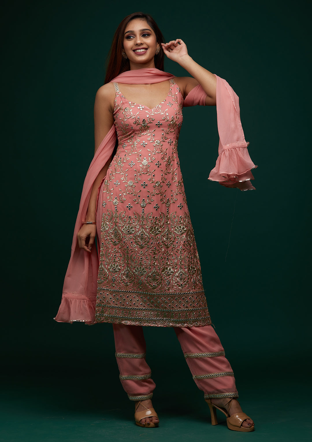 Onion Pink Zariwork Georgette Designer Salwar Suit - Koskii