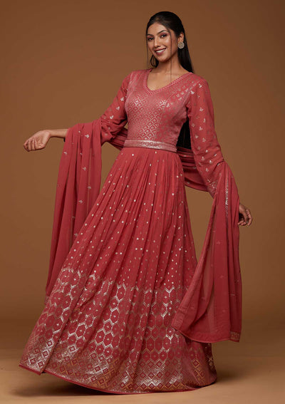 Onion Pink Zariwork Georgette Designer Anarkali Suit - Koskii