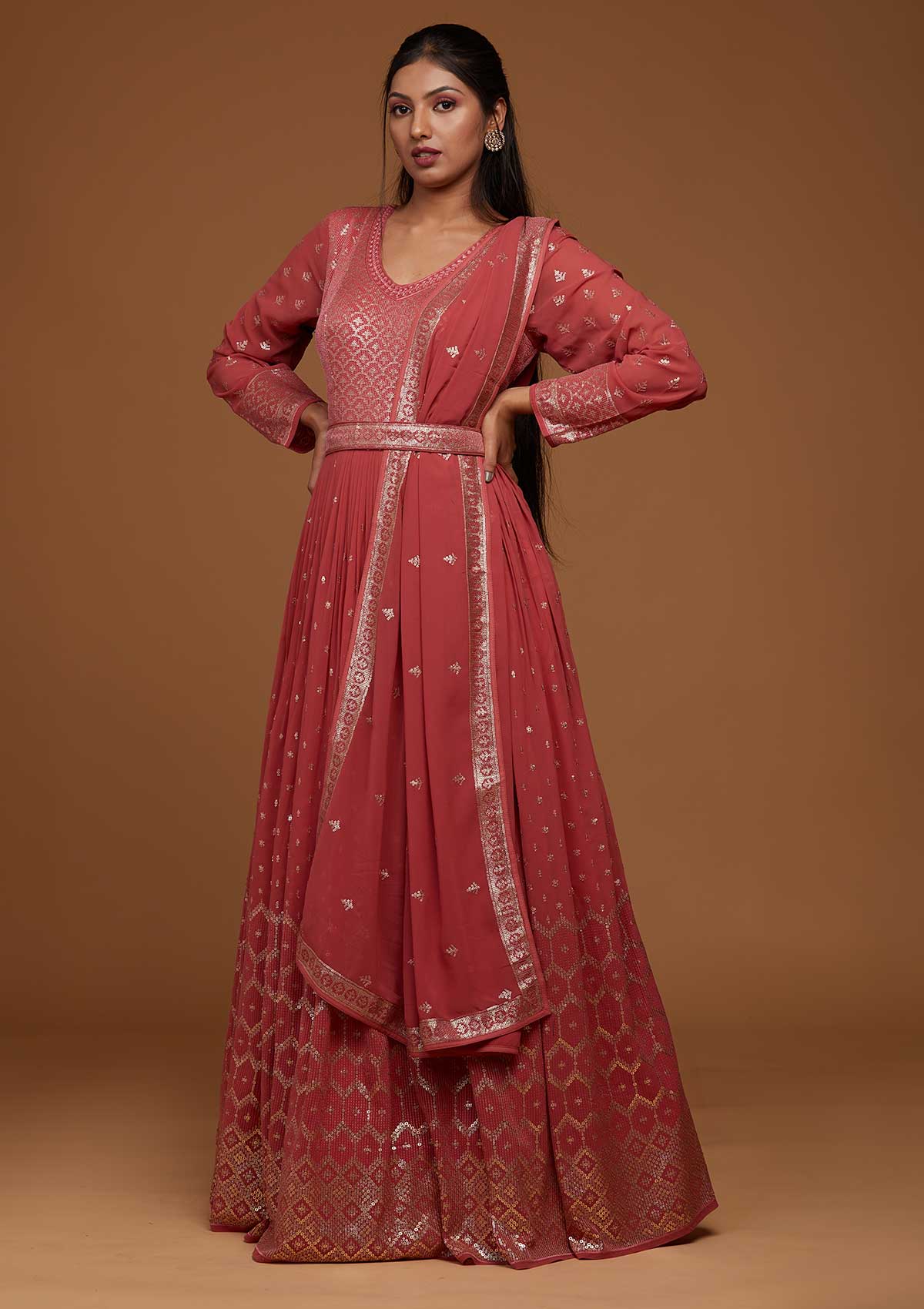 Onion Pink Zariwork Georgette Designer Anarkali Suit-Koskii