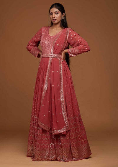 Onion Pink Zariwork Georgette Designer Anarkali Suit-Koskii