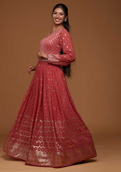 Onion Pink Zariwork Georgette Designer Anarkali Suit-Koskii