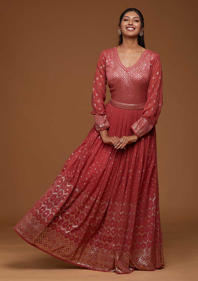 Onion Pink Zariwork Georgette Designer Anarkali Suit-Koskii
