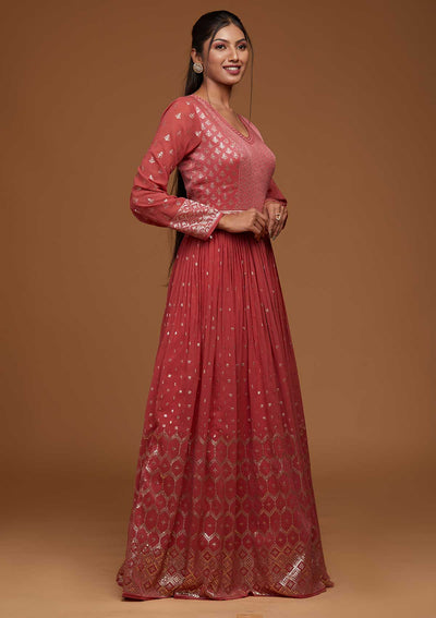 Onion Pink Zariwork Georgette Designer Anarkali Suit-Koskii