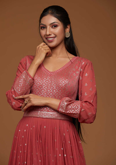 Onion Pink Zariwork Georgette Designer Anarkali Suit-Koskii