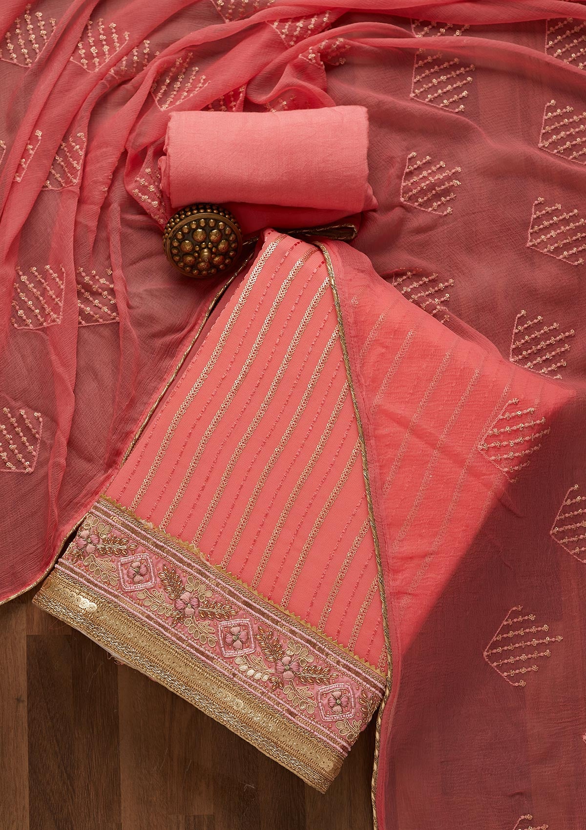 Onion Pink Zariwork Georgette Unstitched Salwar Suit - Koskii