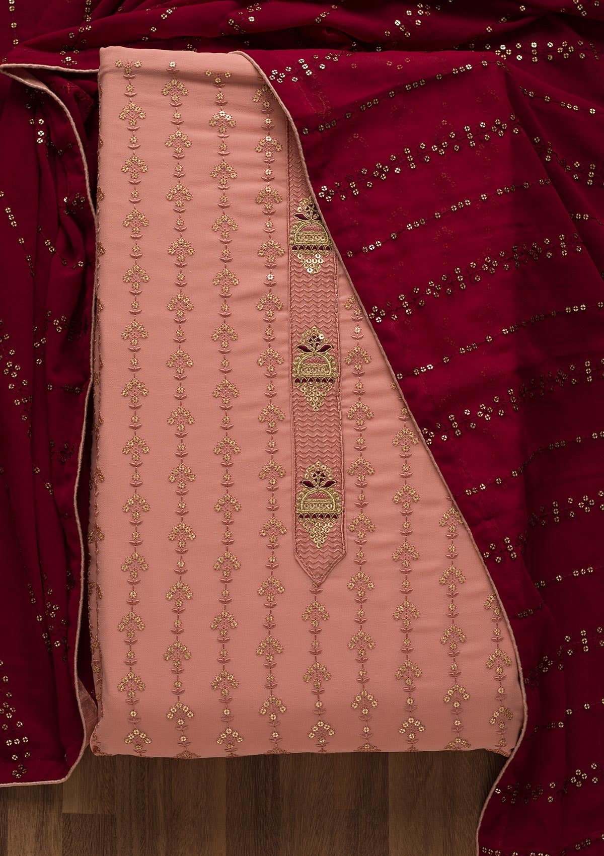 Onion Pink Zariwork Georgette Unstitched Salwar Suit-Koskii