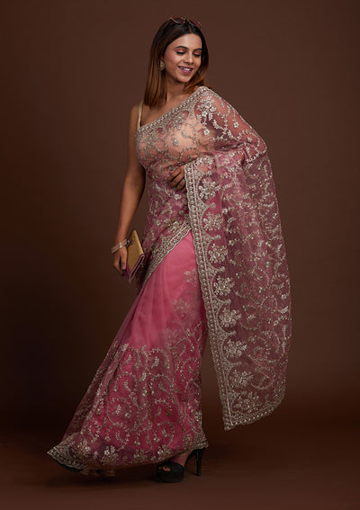 Onion Pink Zariwork Net Saree-Koskii