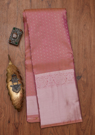 Onion Pink Zariwork Pure Silk Designer Unstitched Saree - Koskii