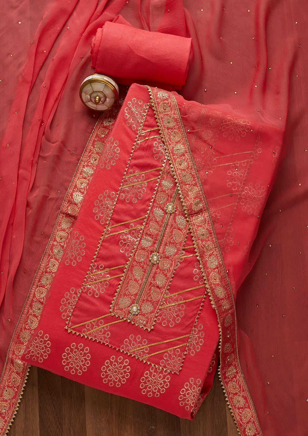 Onion Pink Zariwork Raw Silk Unstitched Salwar Suit - Koskii