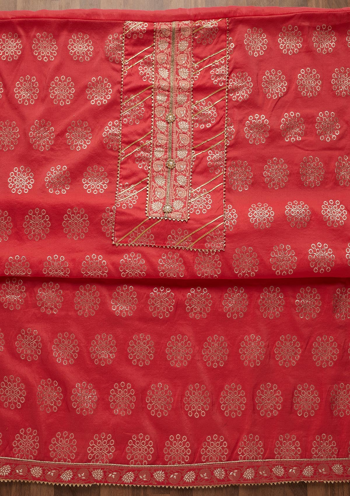 Onion Pink Zariwork Raw Silk Unstitched Salwar Suit-Koskii