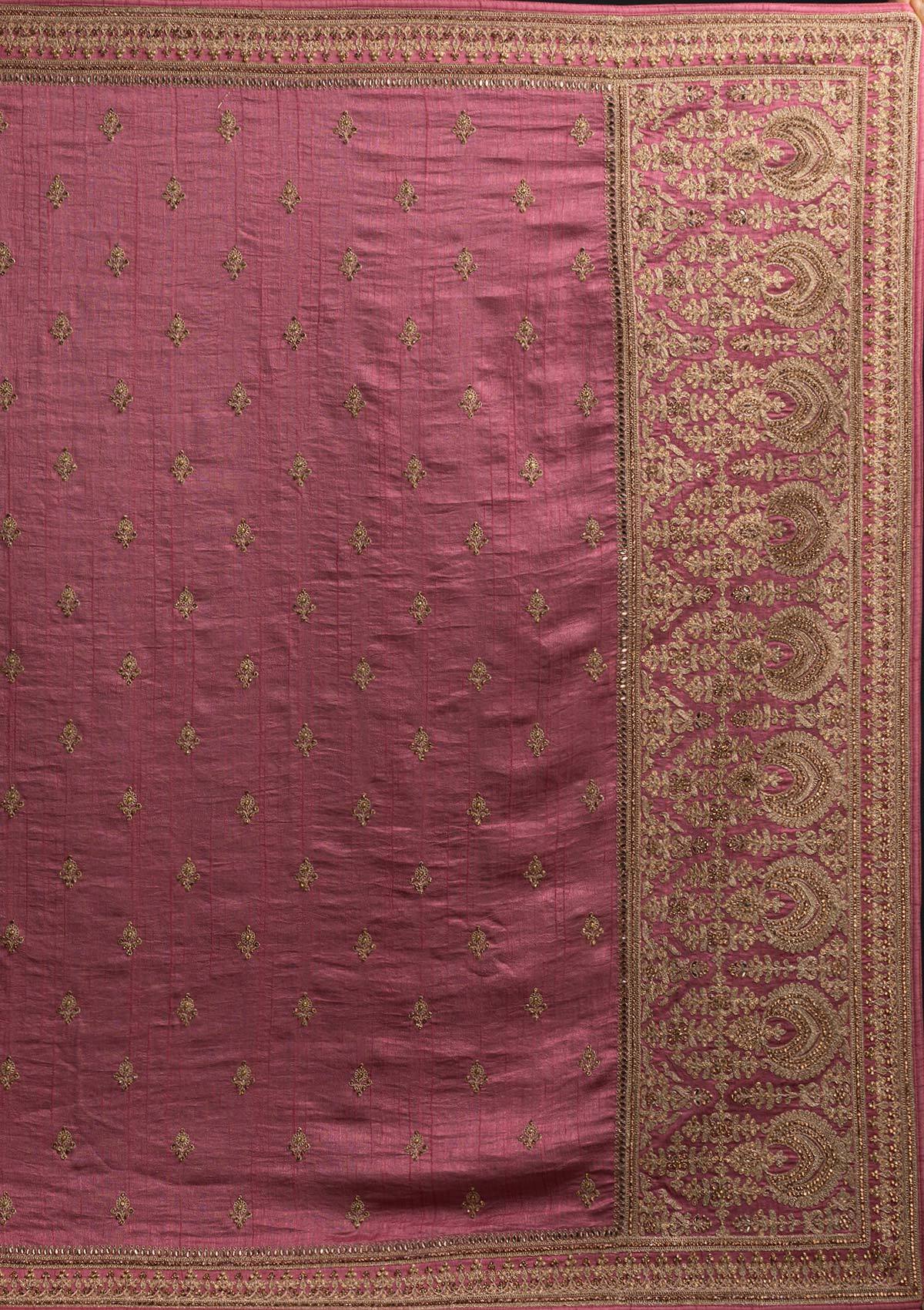 Onion Pink Zariwork Raw Silk Designer Saree - koskii