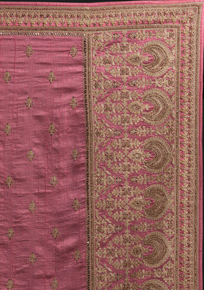Onion Pink Zariwork Raw Silk Designer Saree - koskii