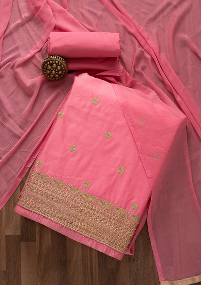 Onion Pink Zariwork Semi Crepe Designer Unstitched Salwar Suit - Koskii