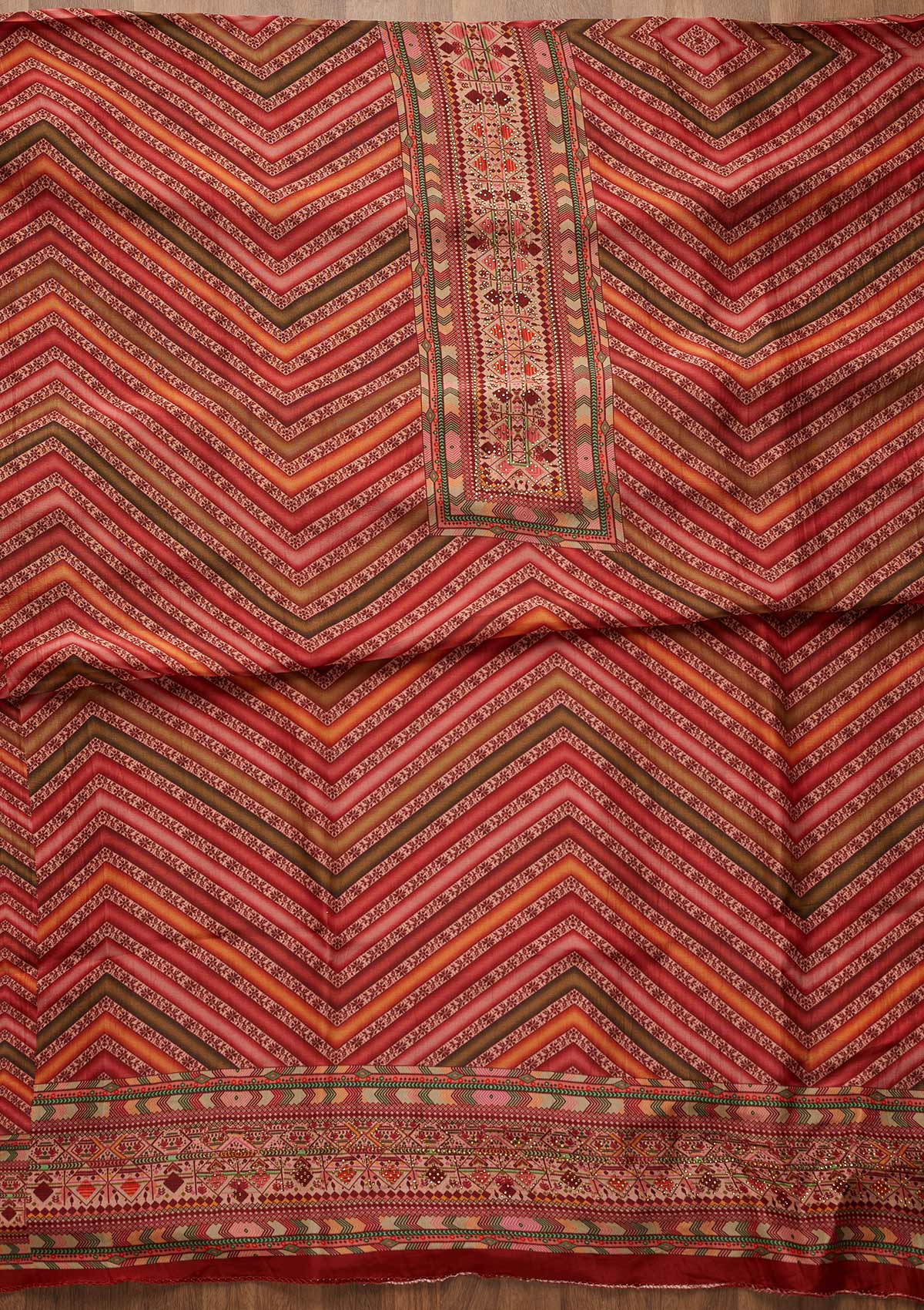 Red Printed Art Silk Unstitched Salwar Suit-Koskii