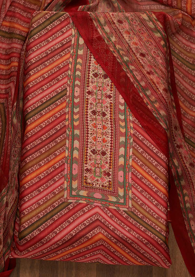 Red Printed Art Silk Unstitched Salwar Suit-Koskii