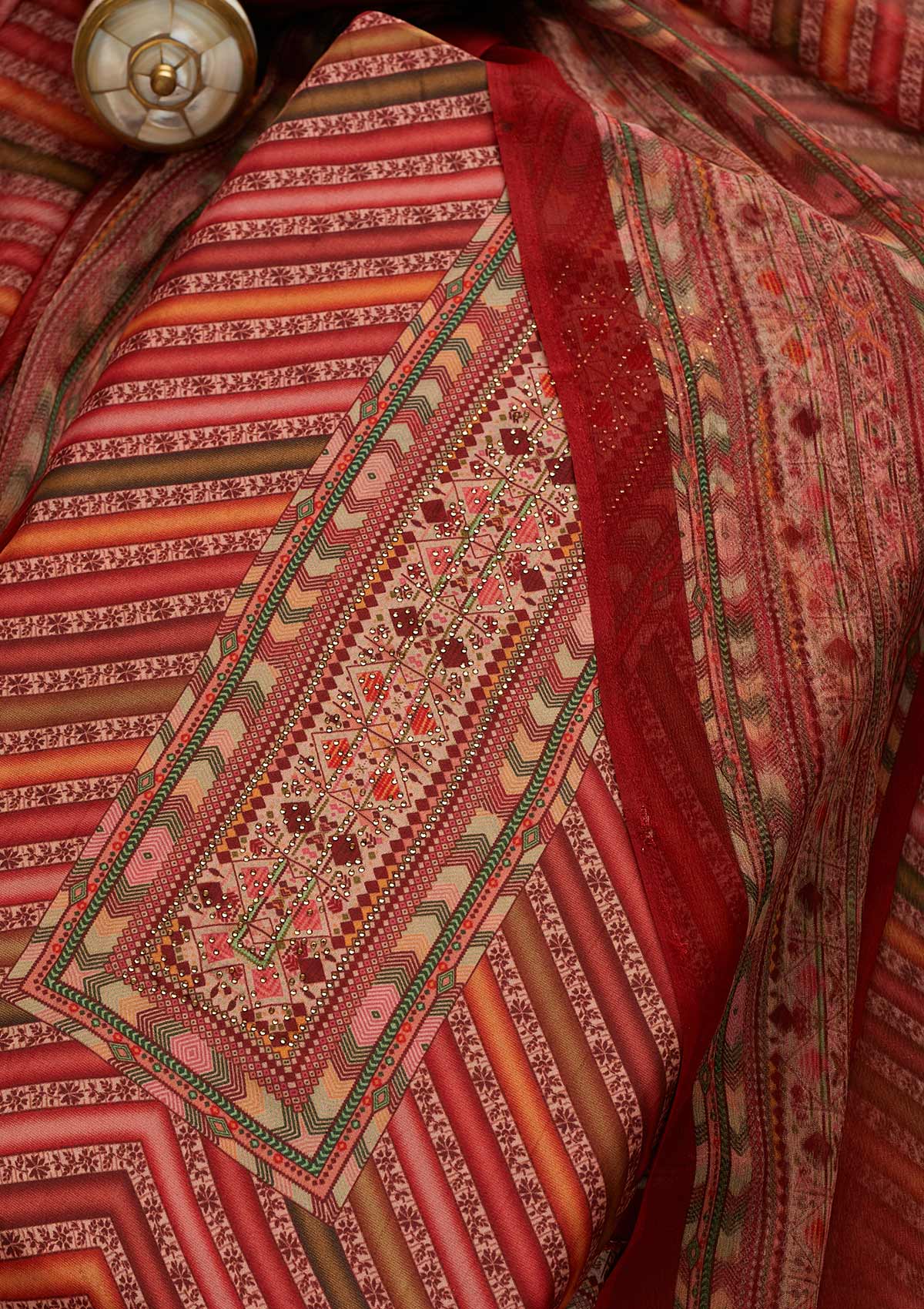 Red Printed Art Silk Unstitched Salwar Suit-Koskii