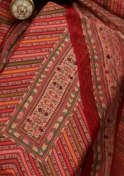 Red Printed Art Silk Unstitched Salwar Suit-Koskii