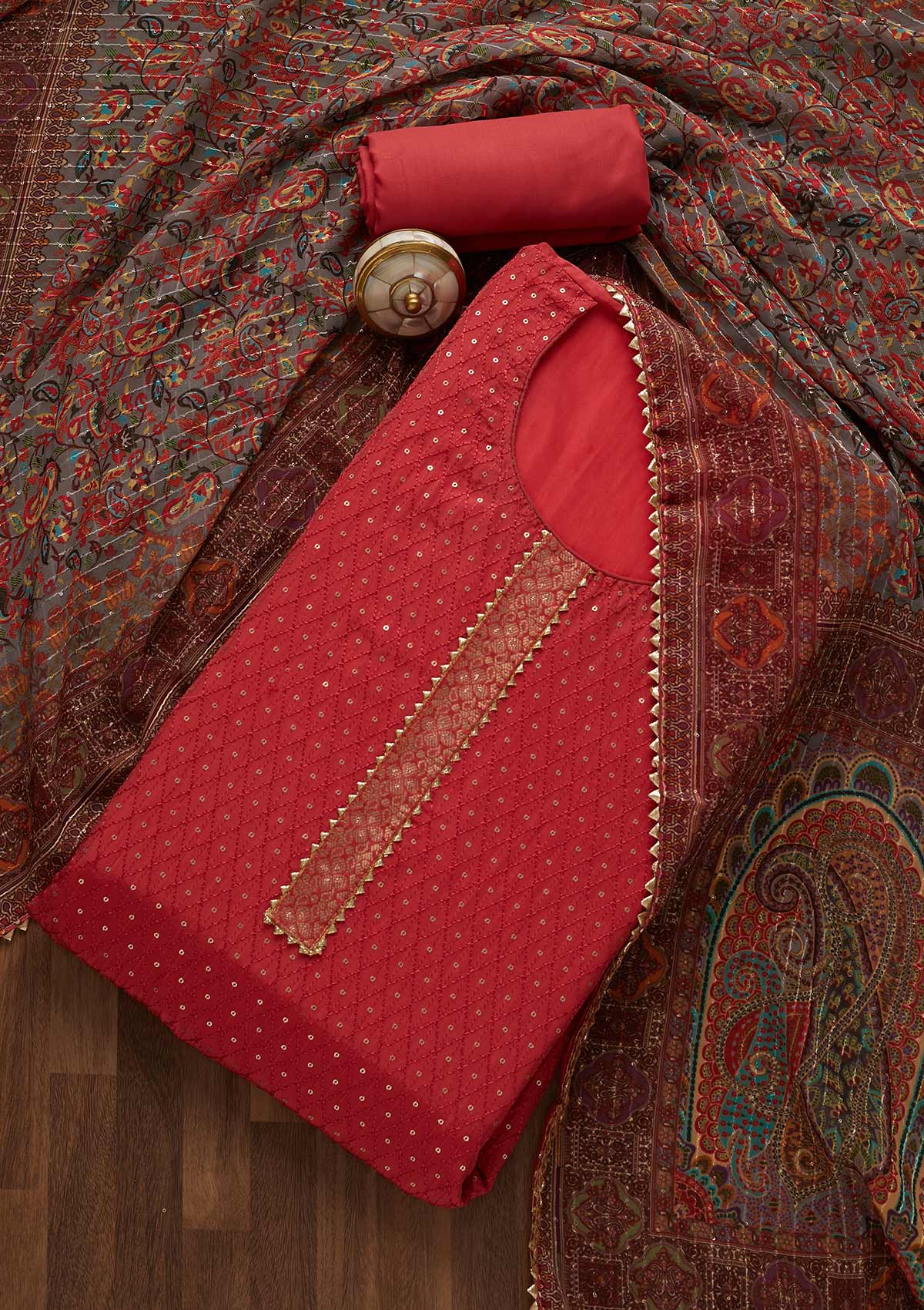 Onion Pink Sequins Semi Crepe Unstitched Salwar Suit-Koskii