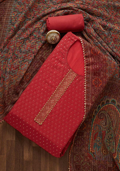 Onion Pink Sequins Semi Crepe Unstitched Salwar Suit-Koskii
