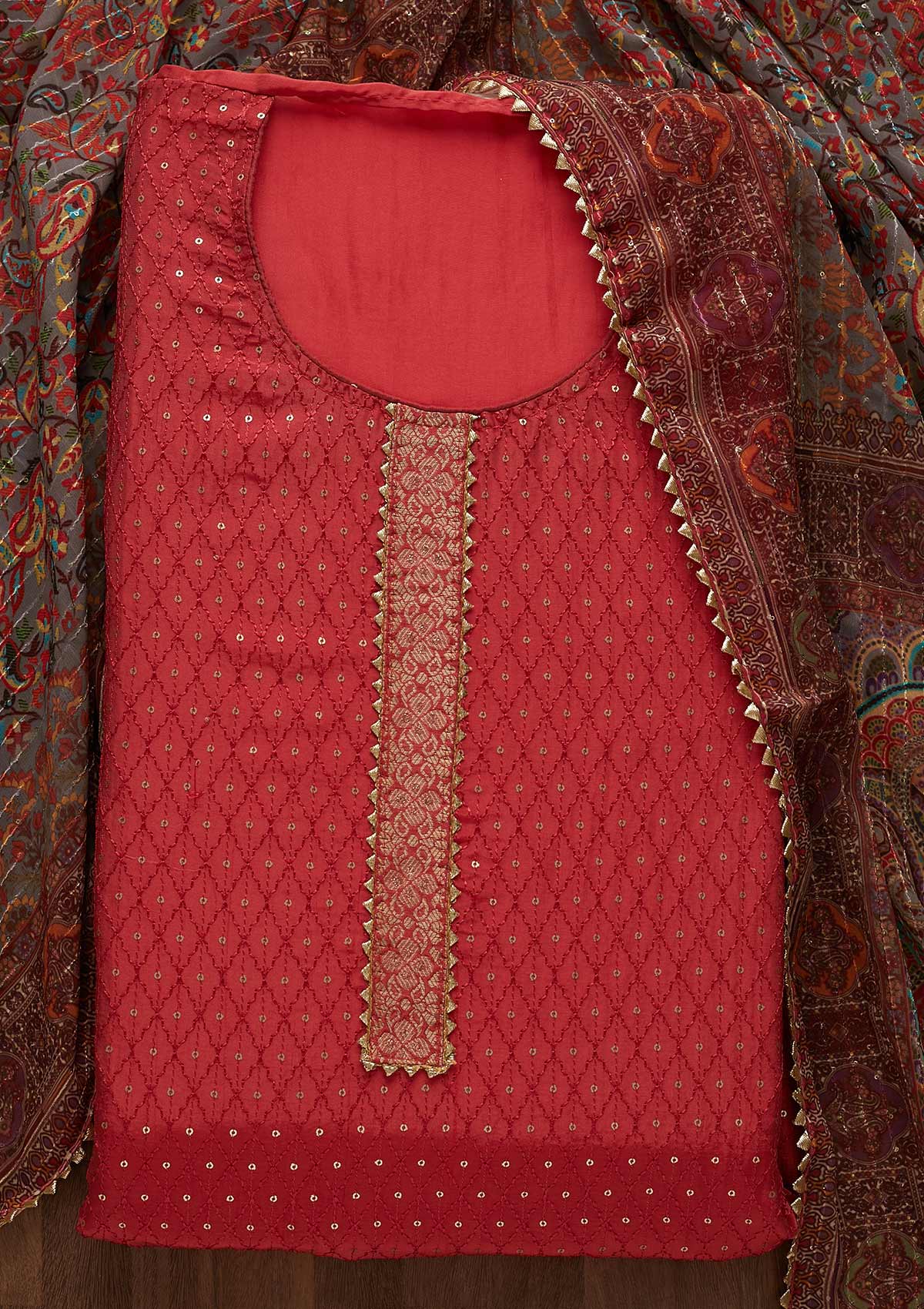 Onion Pink Sequins Semi Crepe Unstitched Salwar Suit-Koskii