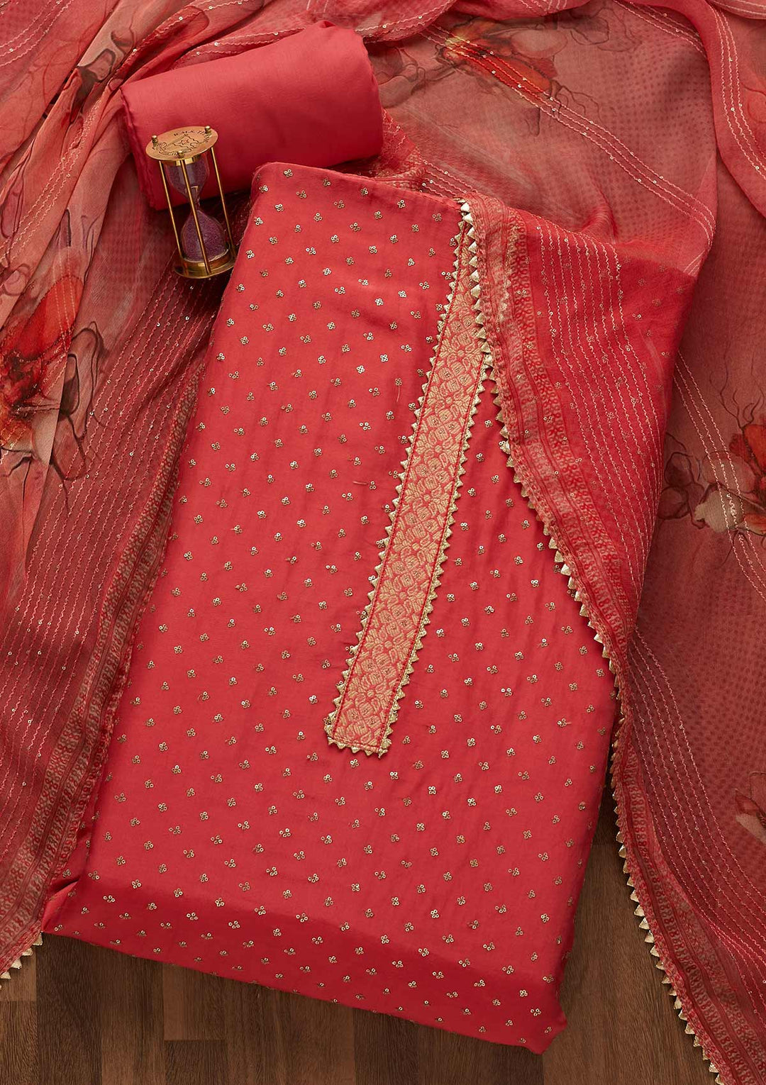 Onion Pink Sequins Semi Crepe Unstitched Salwar Suit-Koskii