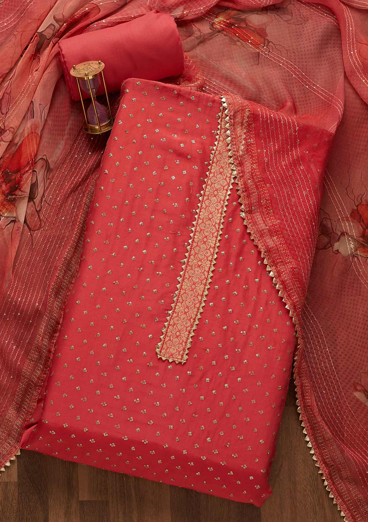 Onion Pink Sequins Semi Crepe Unstitched Salwar Suit-Koskii