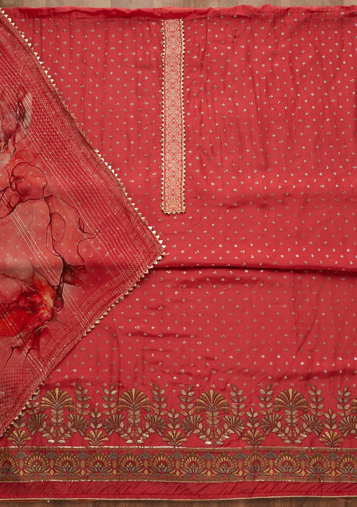 Onion Pink Sequins Semi Crepe Unstitched Salwar Suit-Koskii