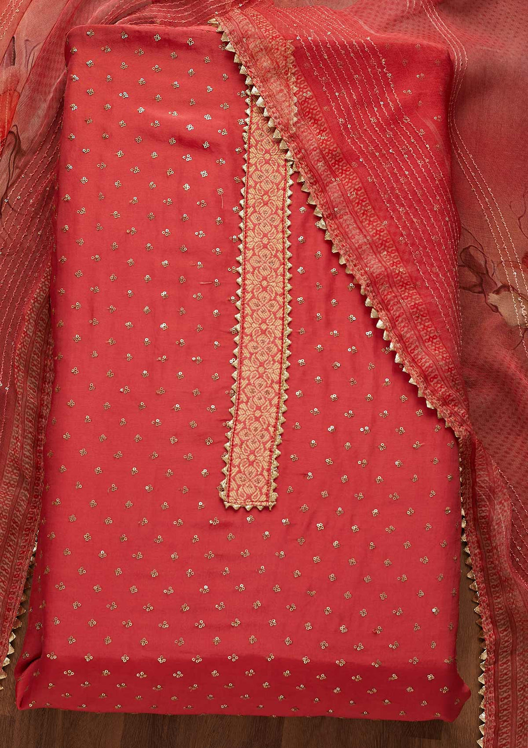 Onion Pink Sequins Semi Crepe Unstitched Salwar Suit-Koskii