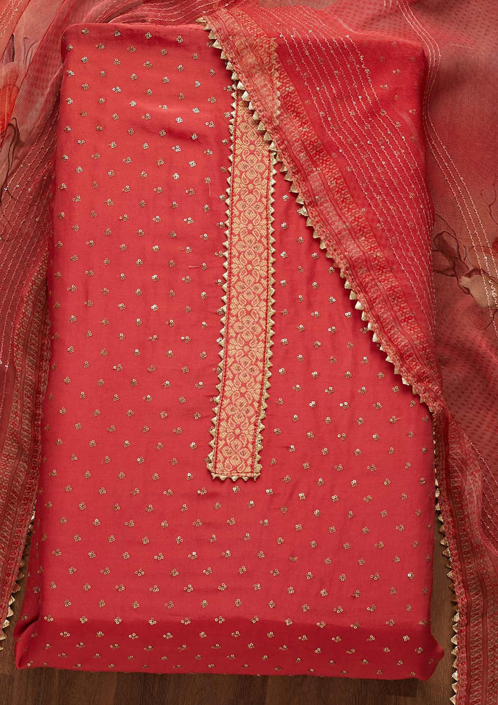 Onion Pink Sequins Semi Crepe Unstitched Salwar Suit-Koskii
