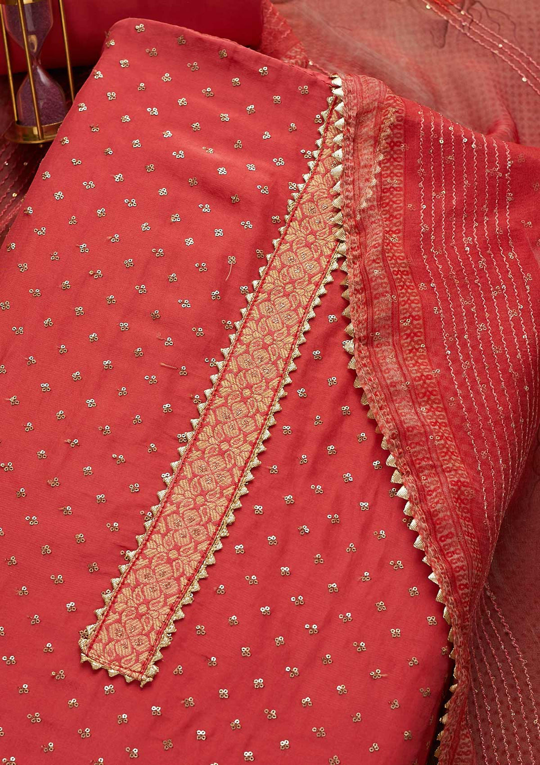 Onion Pink Sequins Semi Crepe Unstitched Salwar Suit-Koskii