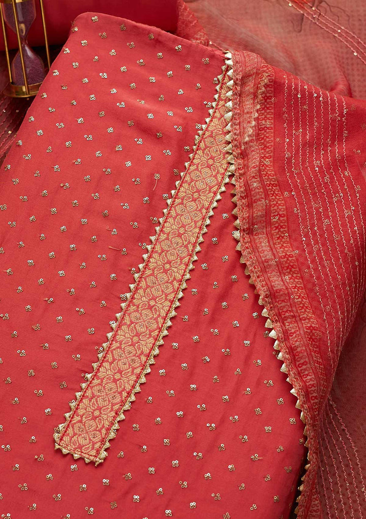 Onion Pink Sequins Semi Crepe Unstitched Salwar Suit-Koskii