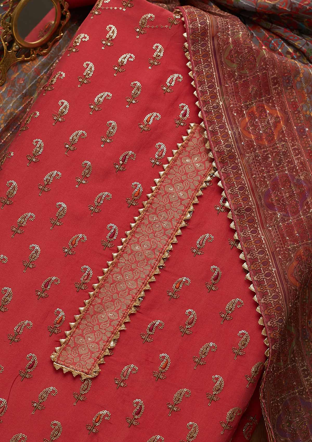 Onion Pink Sequins Semi Crepe Unstitched Salwar Suit-Koskii