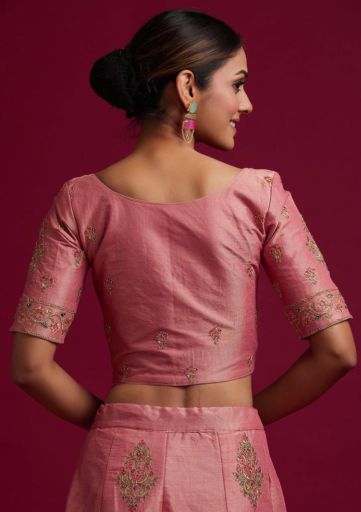 Onion Pink Zariwork Shimmer Designer Semi-Stitched Lehenga - koskii