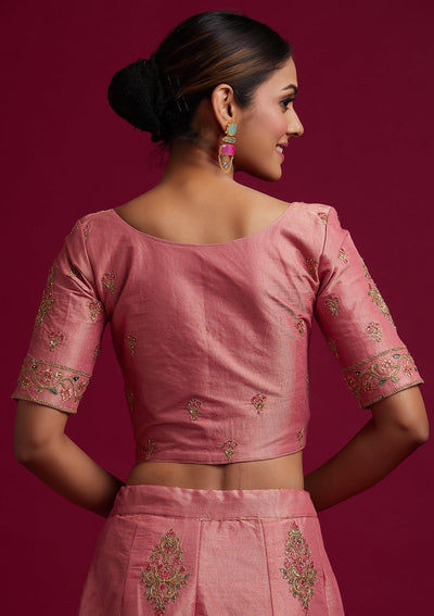 Onion Pink Zariwork Shimmer Designer Semi-Stitched Lehenga - koskii