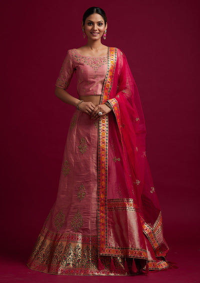 Onion Pink Zariwork Shimmer Designer Semi-Stitched Lehenga - koskii