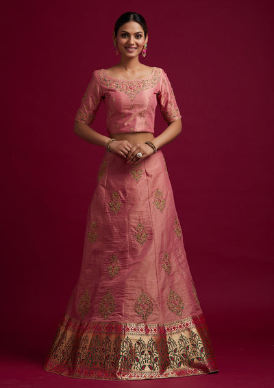 Onion Pink Zariwork Shimmer Designer Semi-Stitched Lehenga - koskii
