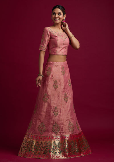 Onion Pink Zariwork Shimmer Designer Semi-Stitched Lehenga - koskii