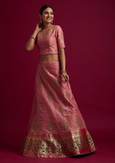 Onion Pink Zariwork Shimmer Designer Semi-Stitched Lehenga - koskii