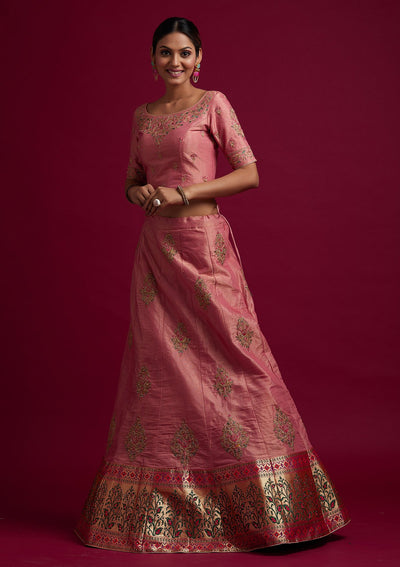 Onion Pink Zariwork Shimmer Designer Semi-Stitched Lehenga - koskii