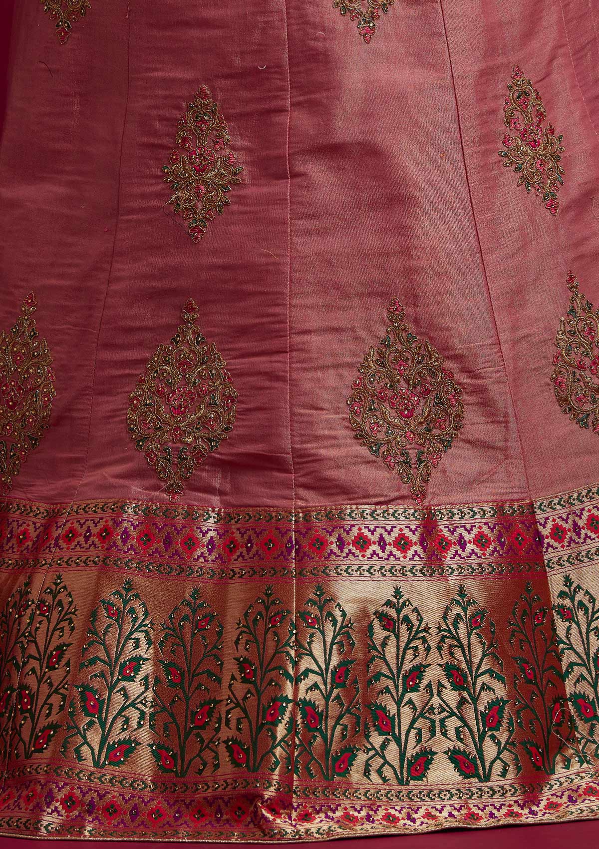 Onion Pink Zariwork Shimmer Designer Semi-Stitched Lehenga - koskii