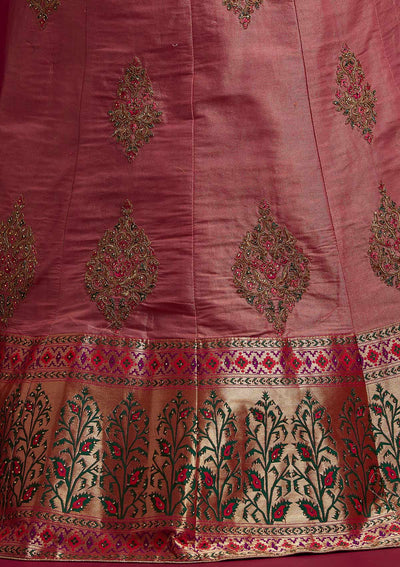 Onion Pink Zariwork Shimmer Designer Semi-Stitched Lehenga - koskii