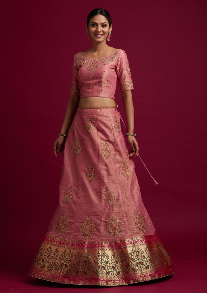 Onion Pink Zariwork Shimmer Designer Semi-Stitched Lehenga - koskii