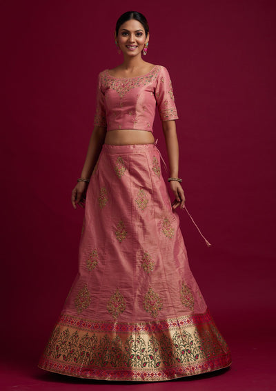 Onion Pink Zariwork Shimmer Designer Semi-Stitched Lehenga - koskii