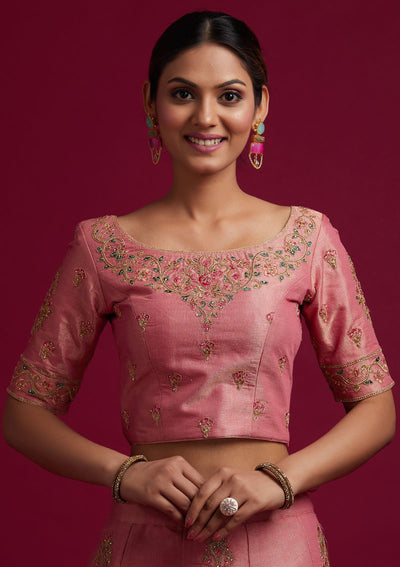 Onion Pink Zariwork Shimmer Designer Semi-Stitched Lehenga - koskii
