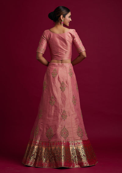 Onion Pink Zariwork Shimmer Designer Semi-Stitched Lehenga - koskii