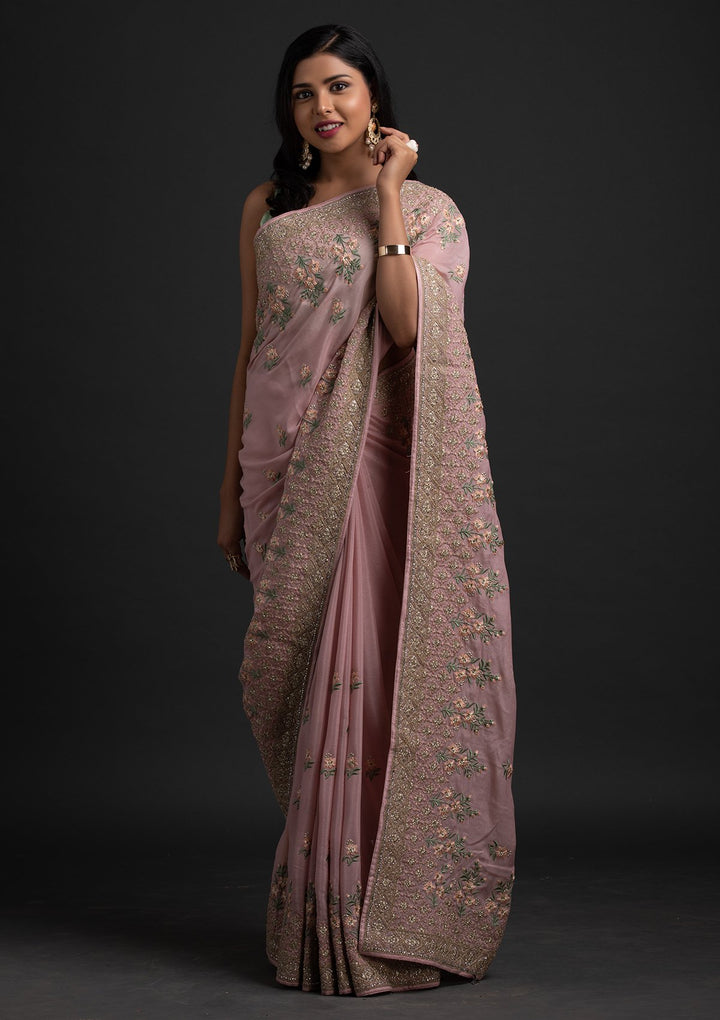 Onion Pink Zariwork Shimmer Designer Saree - koskii