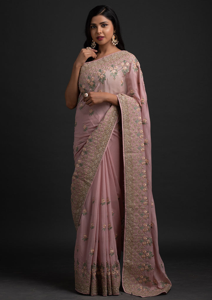 Onion Pink Zariwork Shimmer Designer Saree - koskii